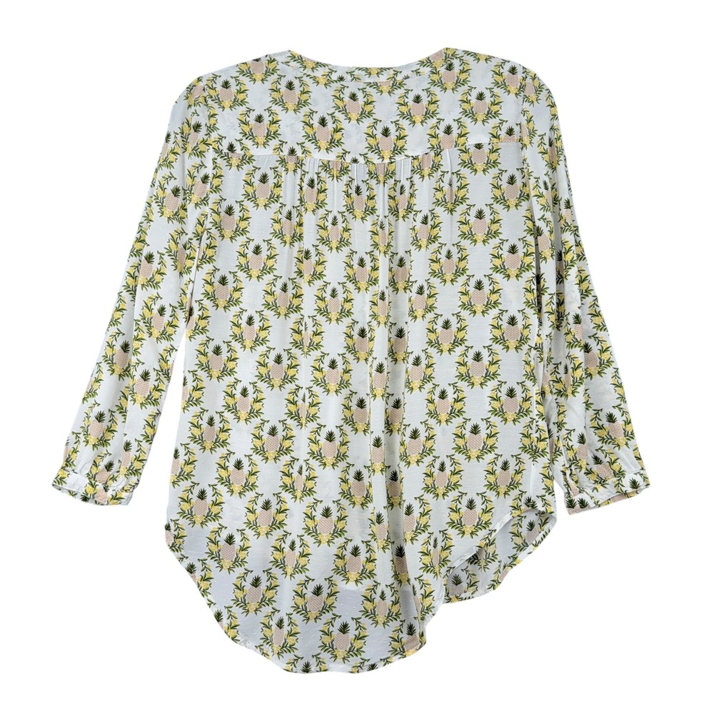 Hinge Womens Pineapple‎ Print Dobby Dot Blouse White Yellow Green Size Medium - Picture 2 of 6